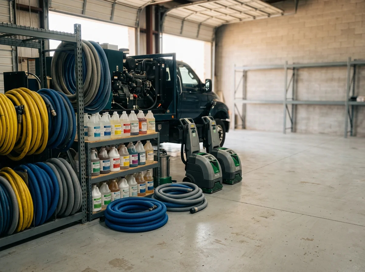 Professional cleaning equipment and supplies arranged on a shop floor, ready for service.