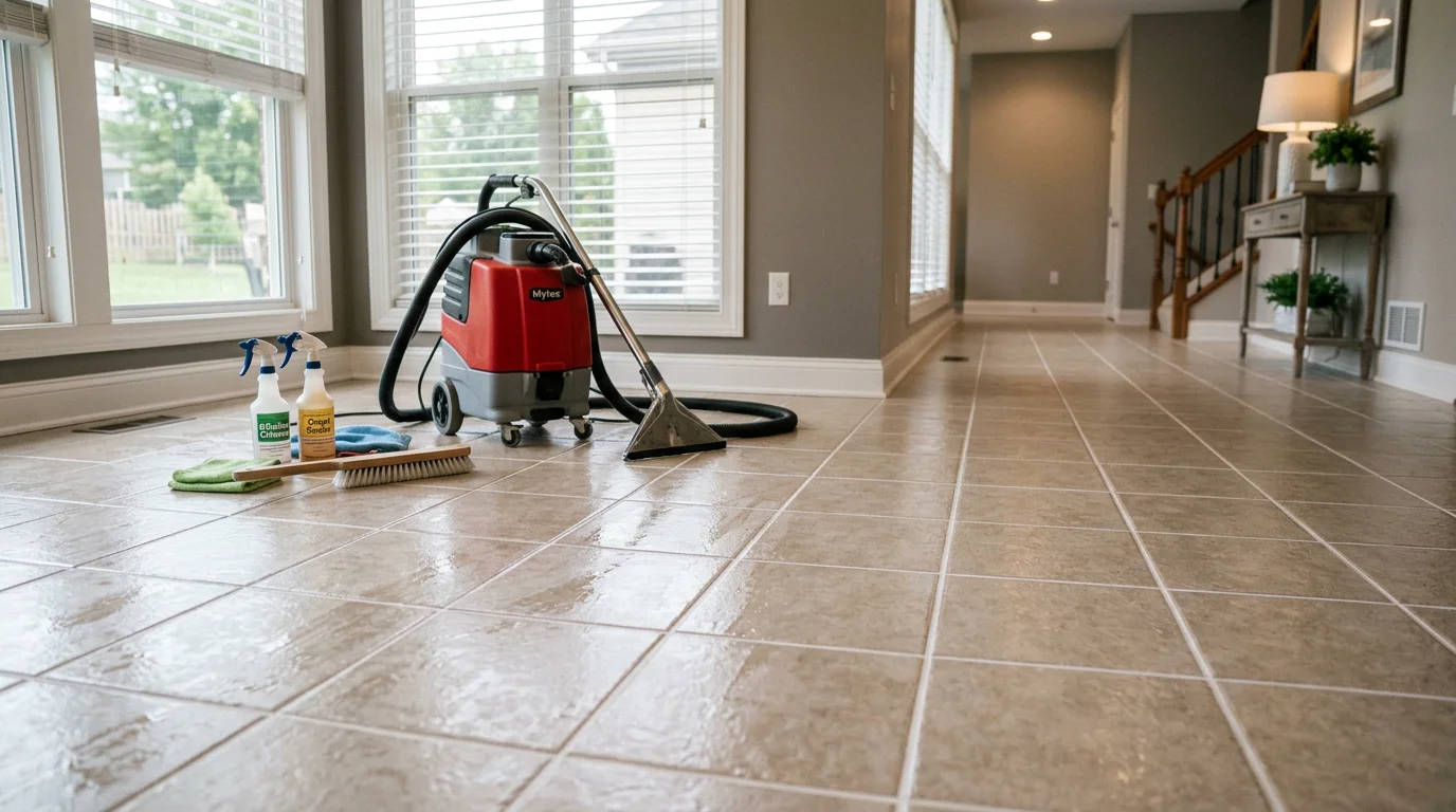 Sparkling clean tile floor in a kitchen