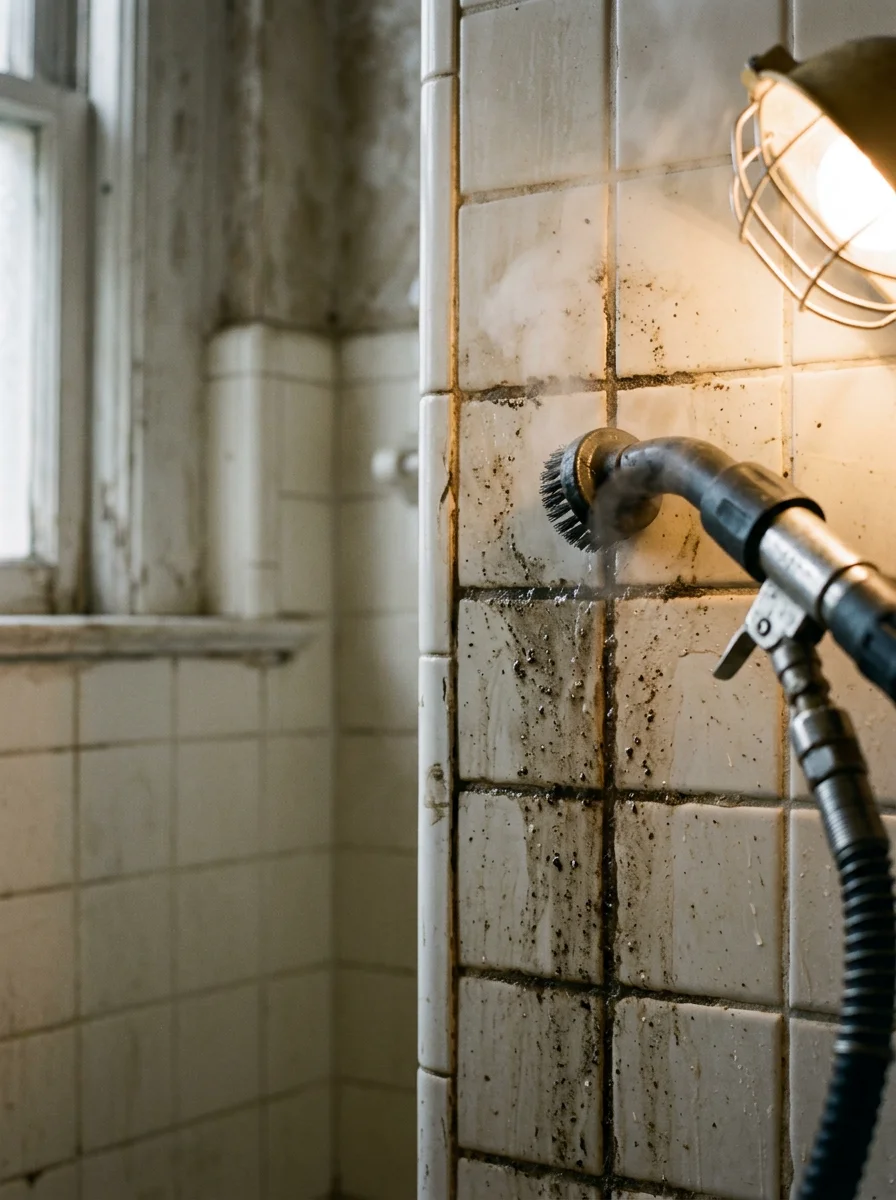 Close-up of aged bathroom tile and grout in a pre-war Belleville, Illinois home being cleaned with a professional steam cleaning tool, showing darkened grout lines before and after treatment.