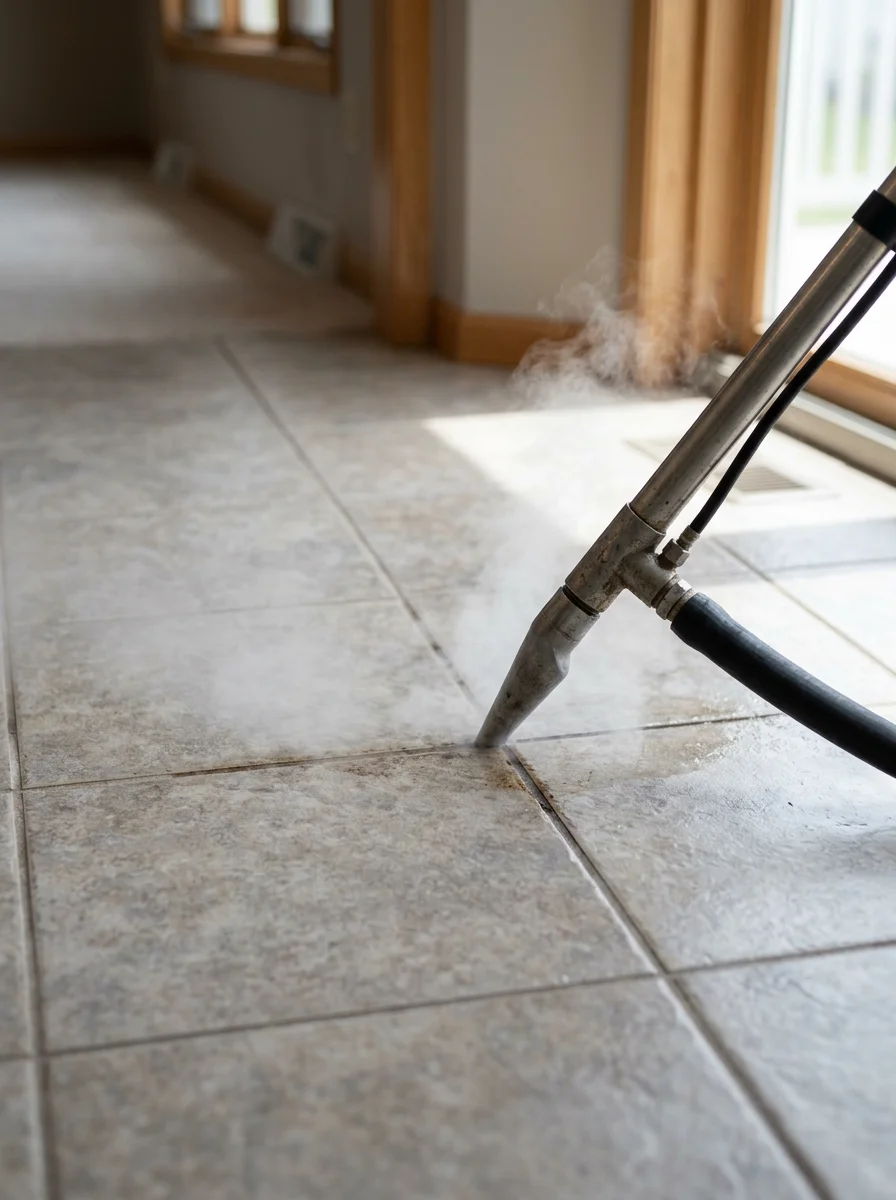Close-up of ceramic tile and grout lines in a newer Collinsville, Illinois subdivision home being treated with a professional steam cleaning tool, showing discolored grout before cleaning.