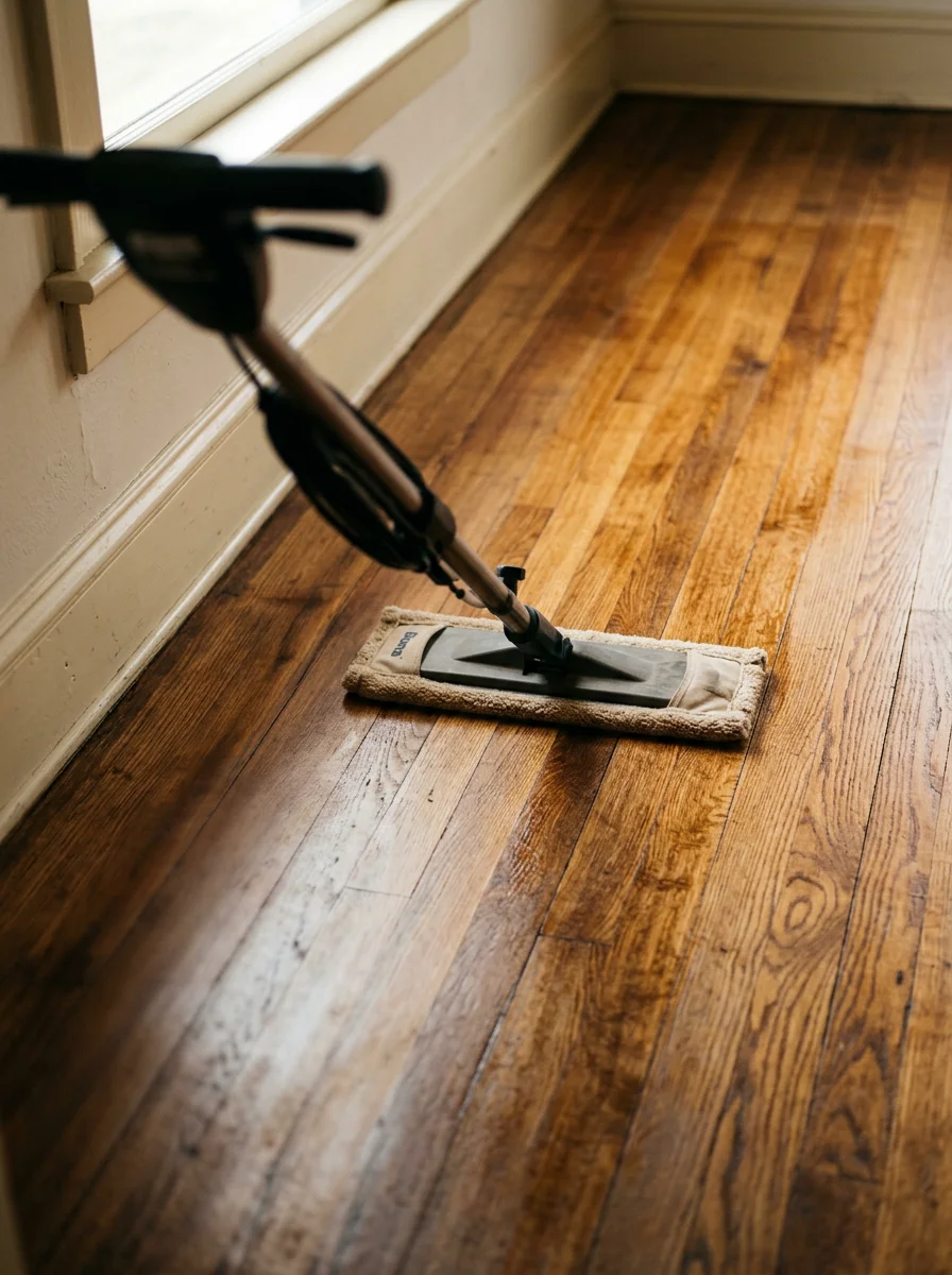 Close-up of a hardwood floor in an older Edwardsville, Illinois home being cleaned with a low-moisture floor cleaning machine, showing restored wood grain after treatment.