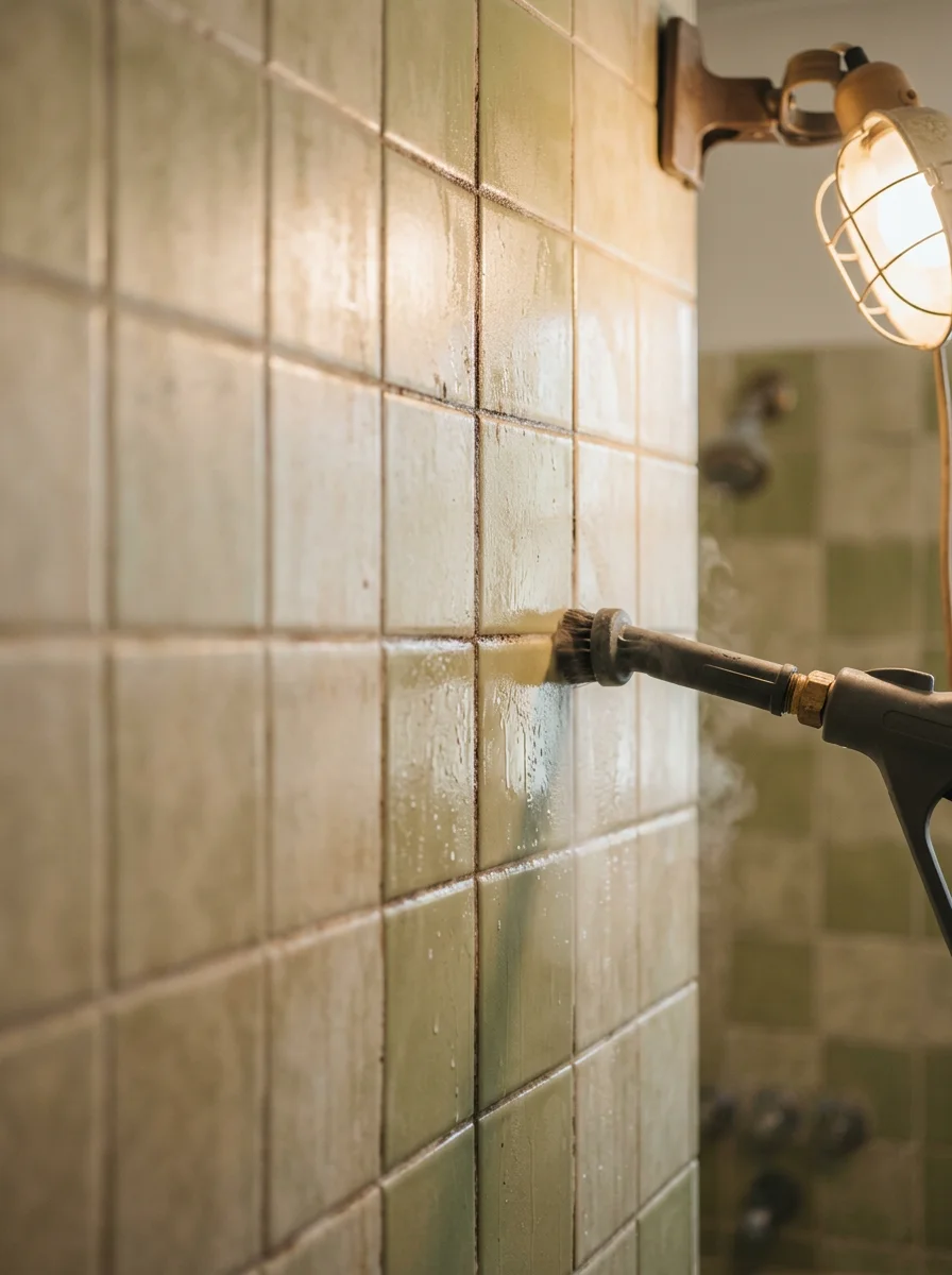 Close-up of original 1970s bathroom tile in a Fairview Heights, Illinois home being cleaned with a professional steam tool, showing grout lines before and after treatment.