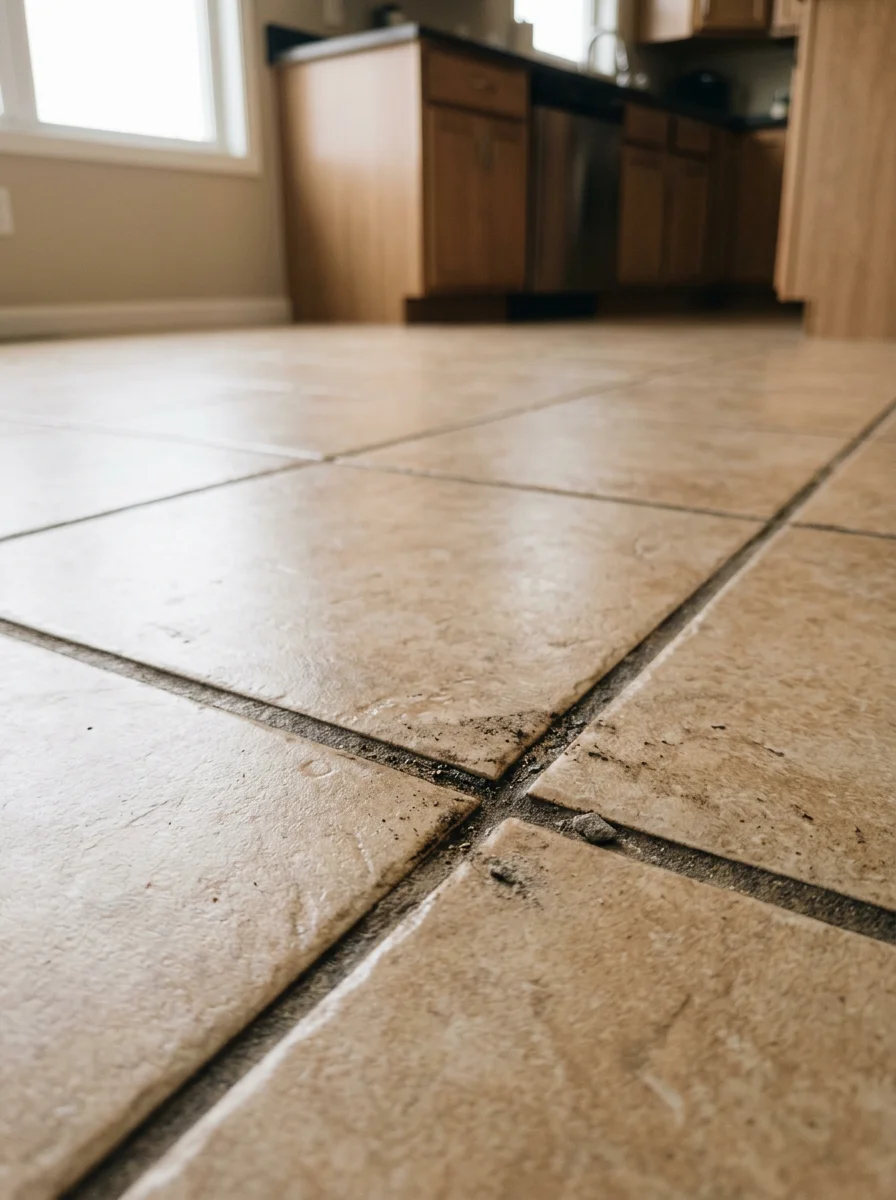 Close-up of ceramic tile and grout in the kitchen of a newer Glen Carbon, Illinois home being professionally cleaned, with organic soil visible in the grout lines before treatment.