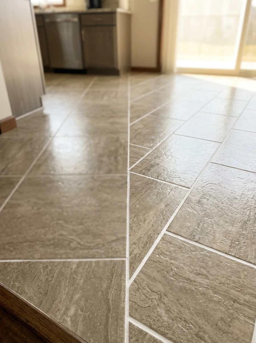 Close-up of freshly cleaned tile and grout lines in a kitchen entryway of a newer O'Fallon, Illinois home, showing restored grout color after professional cleaning.