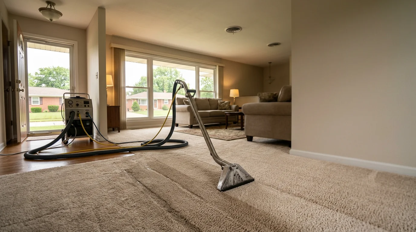 A carpet cleaning technician using a wand extractor on a carpeted living room floor in a single-family home in O'Fallon, Illinois, with a suburban subdivision visible through the front window.