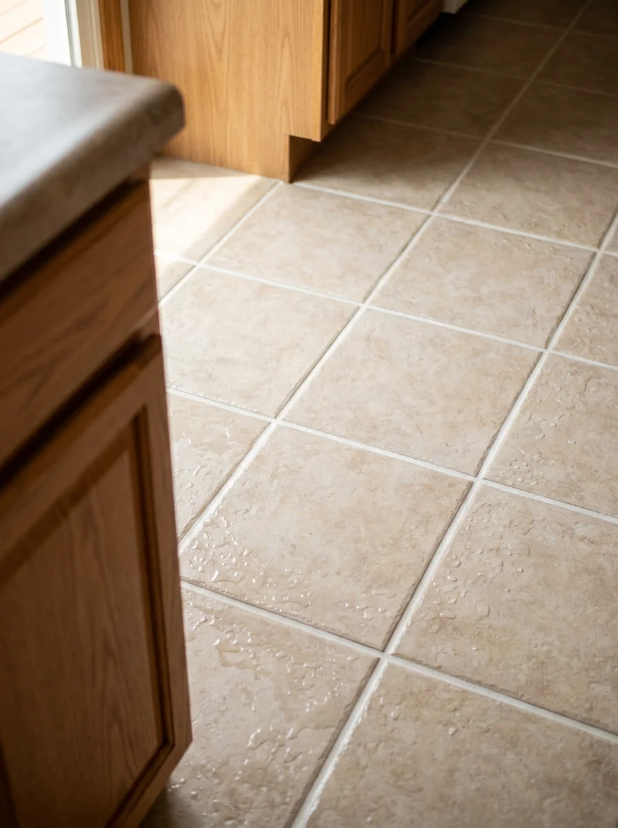 Close-up of ceramic tile and grout in the kitchen of a post-1990s Shiloh, Illinois home being professionally cleaned, showing restored grout color after steam treatment.