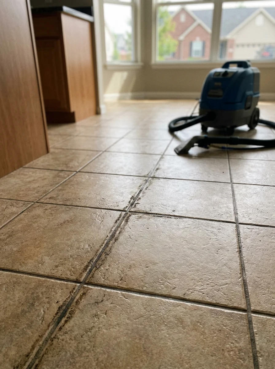 Close-up of ceramic tile and grout in the open-plan kitchen of a newer Troy, Illinois home being professionally cleaned, showing discolored grout lines before steam treatment.