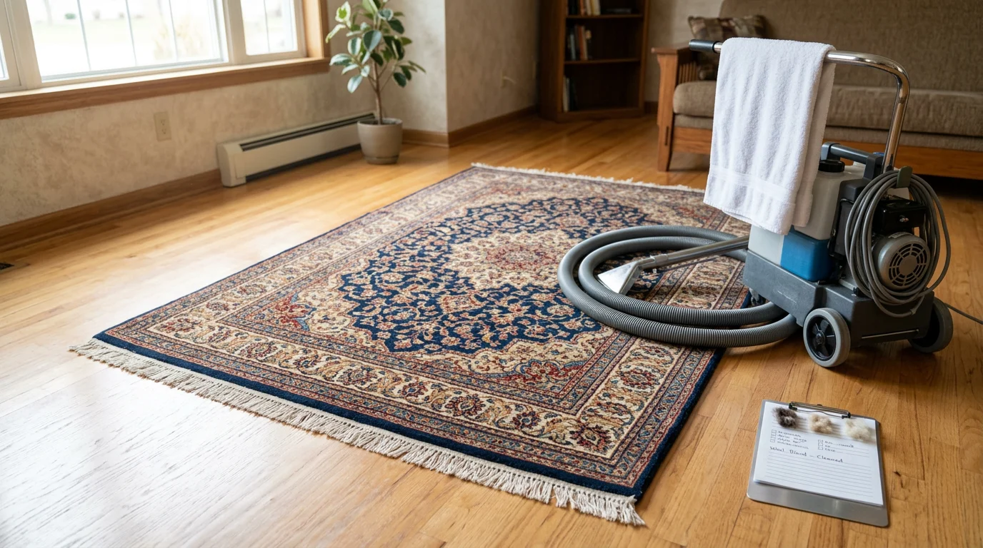 A clean, bright area rug in an O'Fallon living room after professional cleaning by Floor Rescue Carpet Cleaning and Floor Care. The rug fibers are lifted and the pattern is clearly visible with no visible soiling or staining.