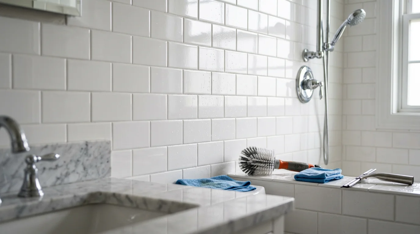 Close-up of bathroom shower tile and grout lines being professionally cleaned in an O'Fallon home, showing restored grout color on white ceramic wall tile. A clean tub surround and bathroom floor tile are visible in the background.