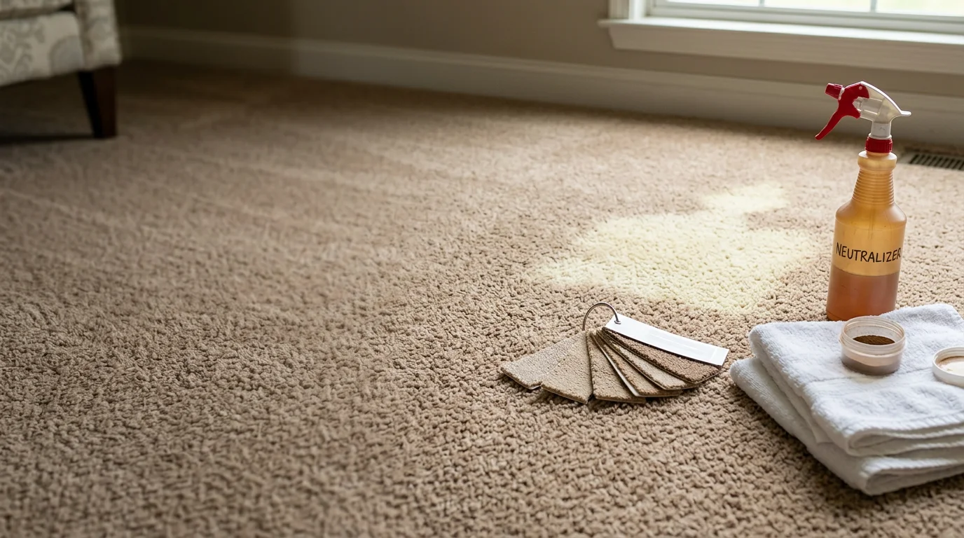A carpet in an O'Fallon, Illinois home showing a bleached-out white patch before and after professional color correction treatment. The restored area blends with the surrounding carpet fibers.