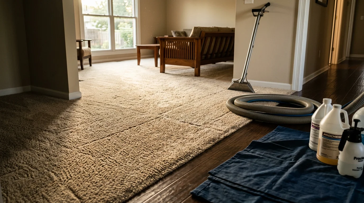 A professional carpet cleaner working on a freshly cleaned living room carpet inside a single-family home in O'Fallon, Illinois. The carpet shows a clear contrast between the cleaned section and the surrounding high-traffic area.