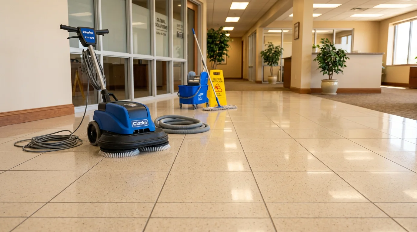 A clean, freshly serviced commercial tile floor in an O'Fallon business facility, showing bright grout lines and a uniform surface free of grime and residue. The wide-format floor reflects overhead lighting, typical of a professional office or retail space in the Metro East region.