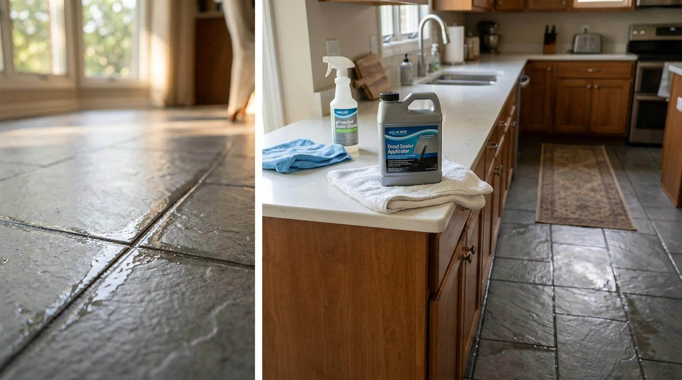 Close-up of freshly sealed grout lines on a tile floor inside an O'Fallon home, showing clean, even grout with no visible staining or discoloration between the tiles.