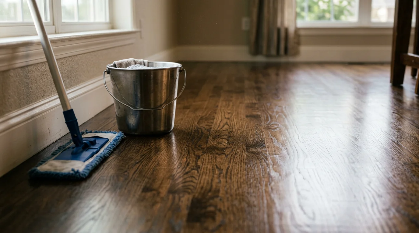 A clean, streak-free hardwood floor in an O'Fallon, Illinois home after professional cleaning, showing restored wood grain and an even finish throughout the room.