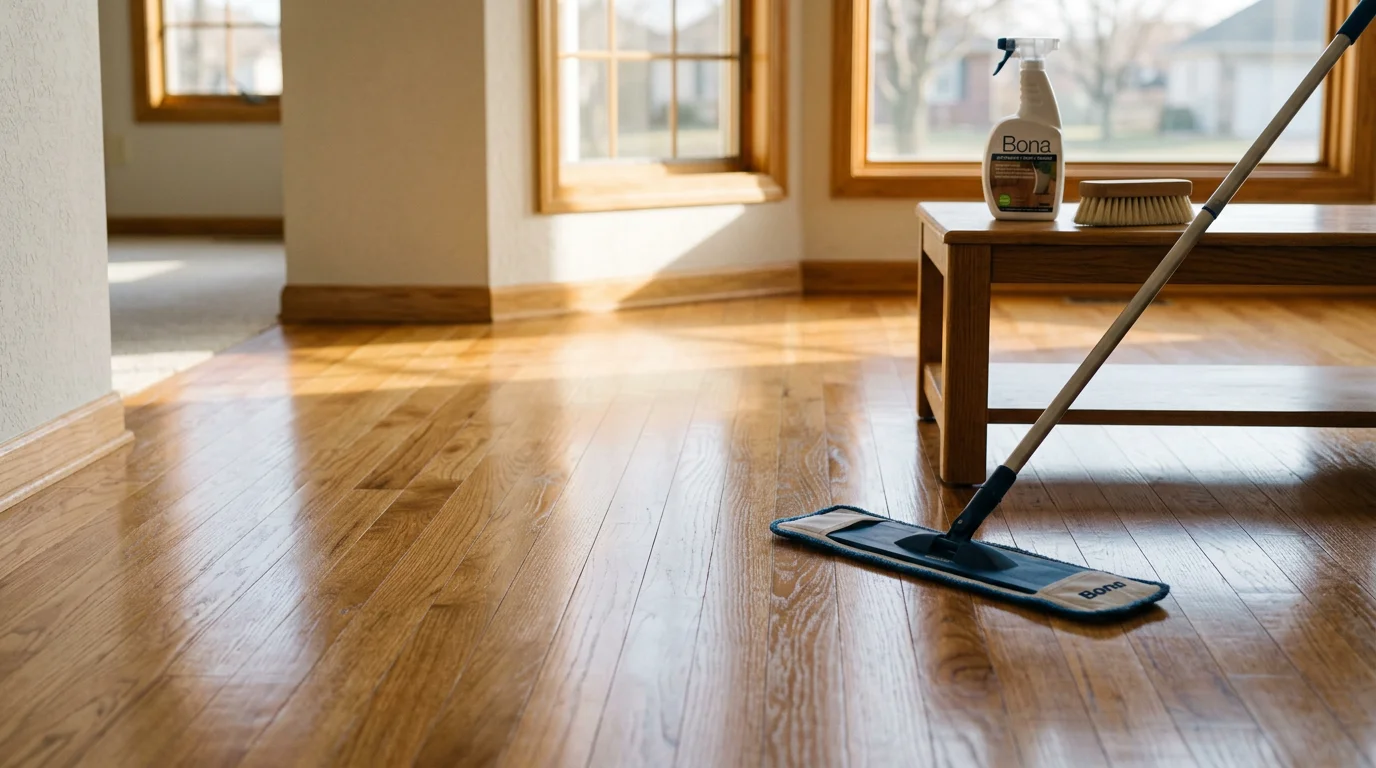 A professional floor care technician performing hardwood floor maintenance in an O'Fallon home, with restored wood flooring showing a clean, even finish in a well-lit living room.