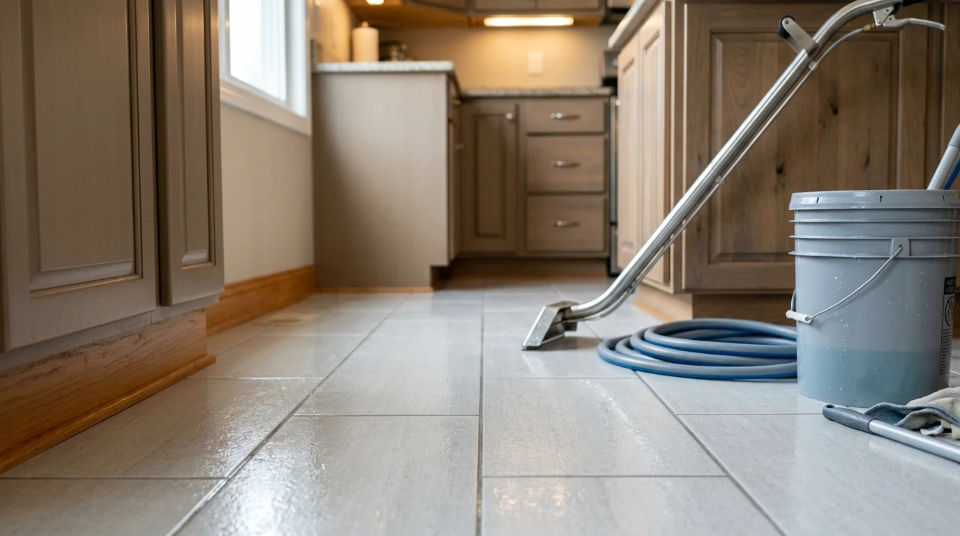 Close-up of a kitchen tile floor in an O'Fallon home showing clean, restored grout lines and clear tile surfaces after professional cleaning. Before-and-after contrast visible between a cleaned section and an uncleaned section near the kitchen island base.