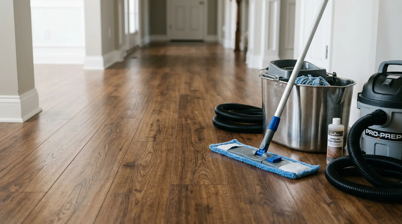 A professional floor care technician cleaning laminate floors in a Metro East Illinois home, with a microfiber mop and laminate-safe solution restoring a streak-free, natural sheen to the surface.