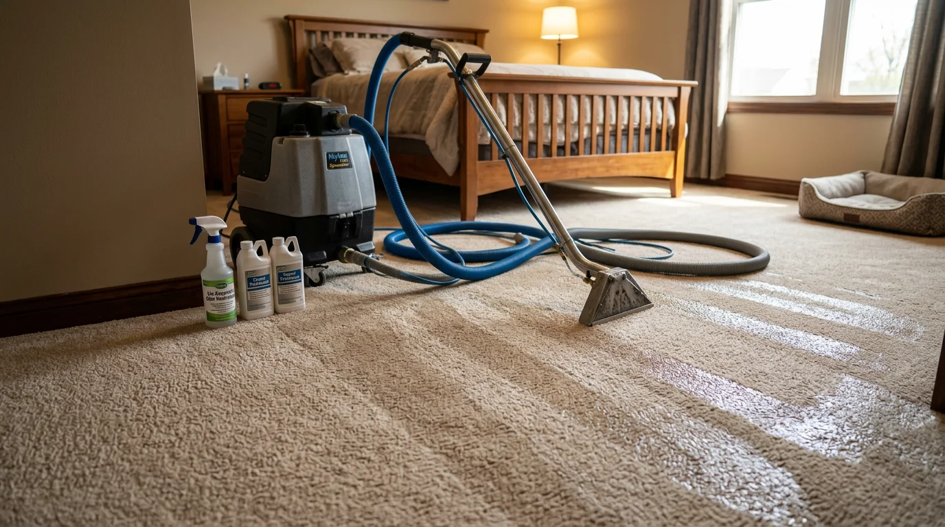 A clean, odor-free carpeted living room in an O'Fallon, Illinois home after professional pet odor removal treatment. A dog rests on the floor beside freshly cleaned carpet with no visible staining or discoloration.