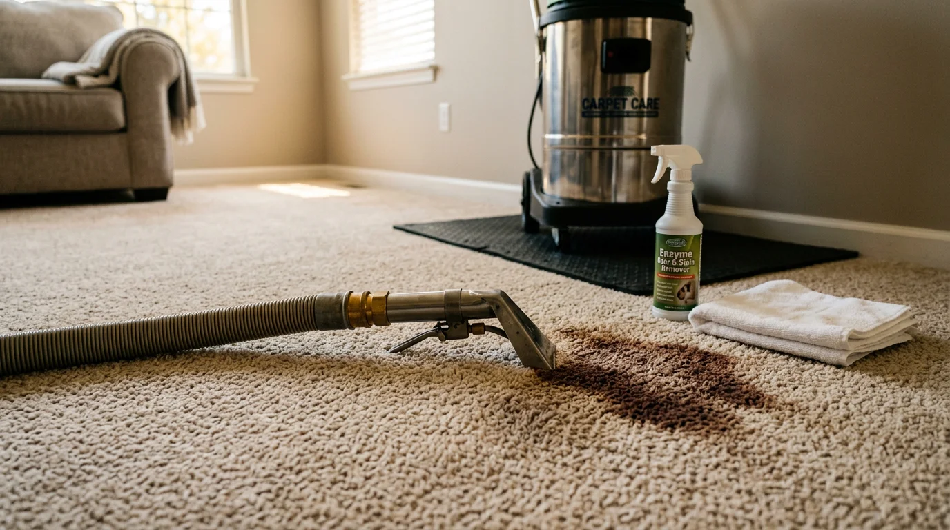 A clean, dry carpet in an O'Fallon living room after professional pet stain removal, showing no visible discoloration where a pet stain had soaked into the fibers. A pet bed sits nearby on the treated carpet.