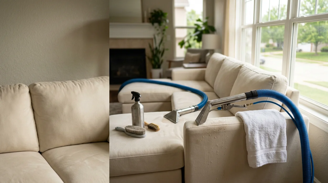 A clean fabric sofa in an O'Fallon, Illinois living room after professional sofa cleaning by Floor Rescue Carpet Cleaning and Floor Care. The cushions and armrests show restored color and texture with no visible soil or staining.