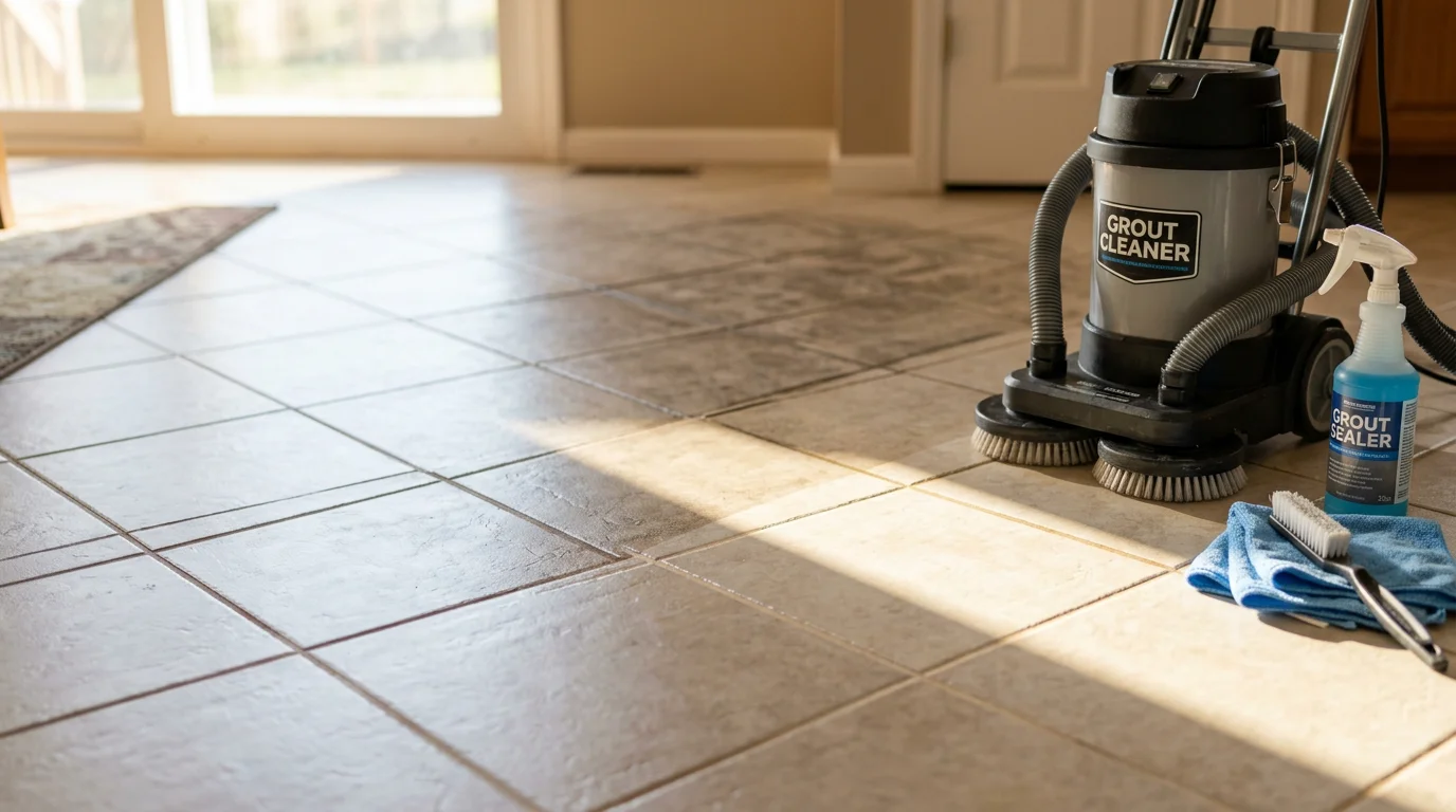 Close-up of freshly cleaned white grout lines between floor tiles in an O'Fallon home, showing restored color and no visible staining. A professional tile and grout cleaning result in a Metro East Illinois residential setting.