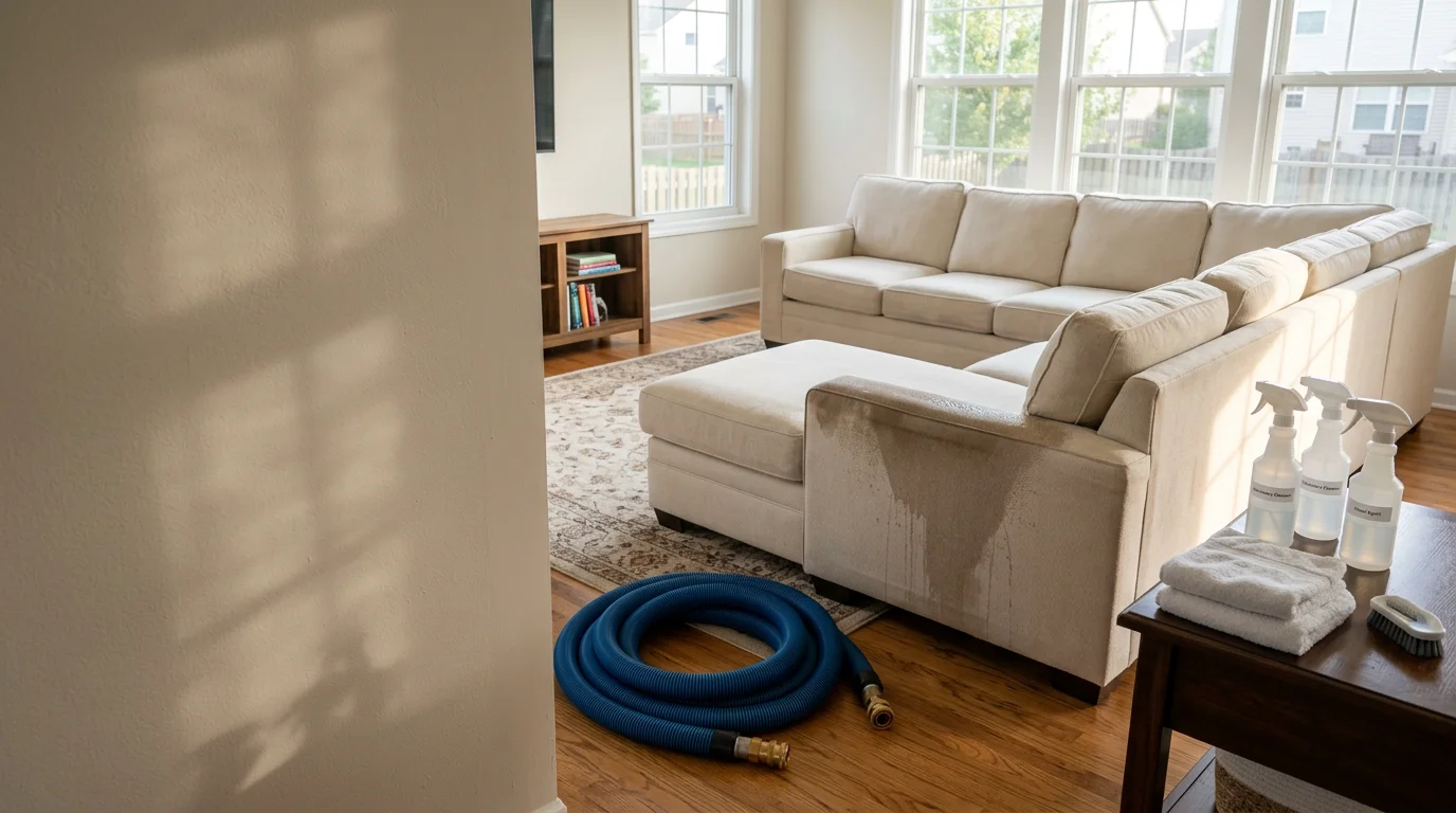 A clean, freshly serviced fabric sofa in an O'Fallon, Illinois living room, showing restored color and texture after professional upholstery cleaning by Floor Rescue Carpet Cleaning and Floor Care.