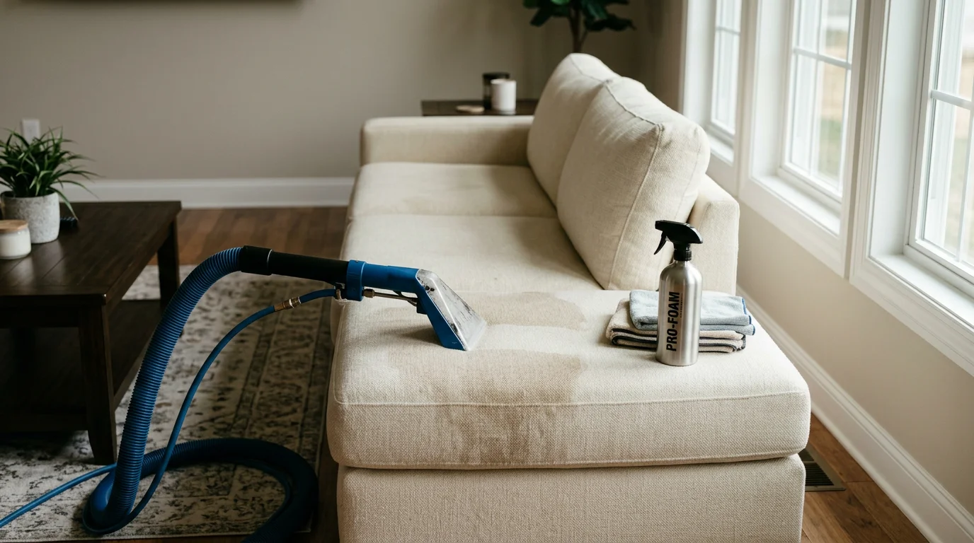 A clean, fresh upholstered sofa in an O'Fallon living room after professional odor removal service by Floor Rescue Carpet Cleaning and Floor Care. The fabric shows no visible residue and the room appears odor-free and well-maintained.