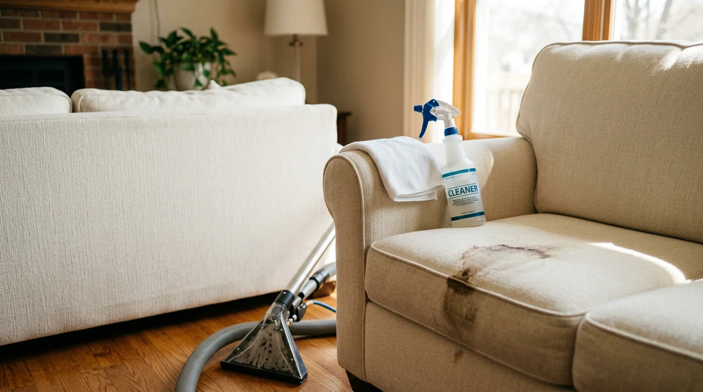 A fabric sofa cushion in an O'Fallon, Illinois living room showing a visibly reduced stain after professional upholstery stain removal treatment. A technician's gloved hand holds a clean white cloth near the treated area.