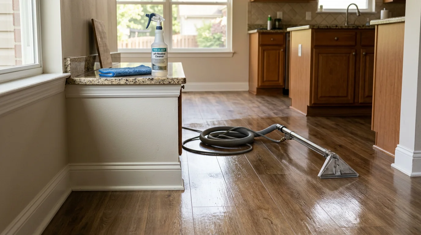 A clean, streak-free vinyl plank floor in a bright O'Fallon home kitchen after professional cleaning by Floor Rescue Carpet Cleaning and Floor Care. The surface shows no dull haze or sticky residue, with clear definition along each plank seam.