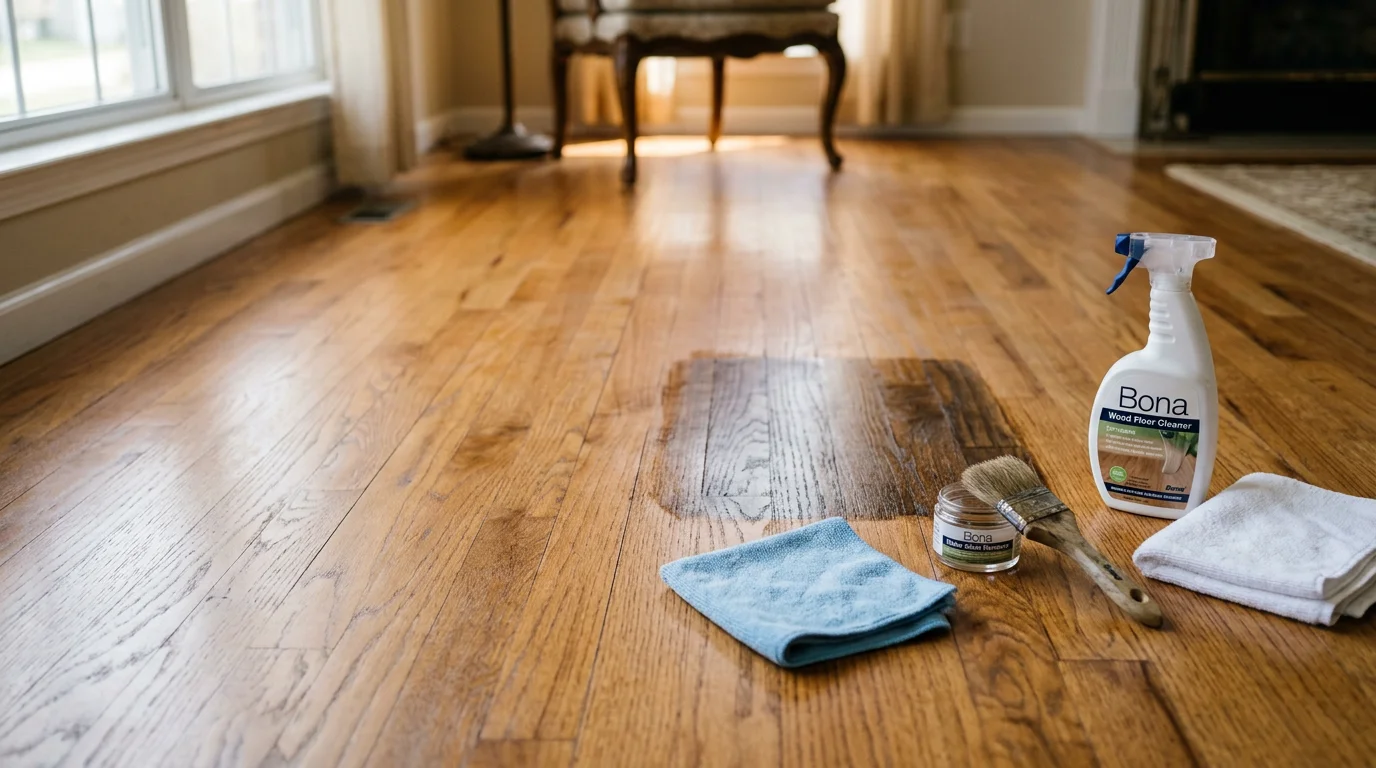 A wood floor in an O'Fallon home showing a before-and-after view of a dark pet stain being removed from the surface of the hardwood planks. The treated area shows restored, clean wood grain with no visible discoloration remaining.
